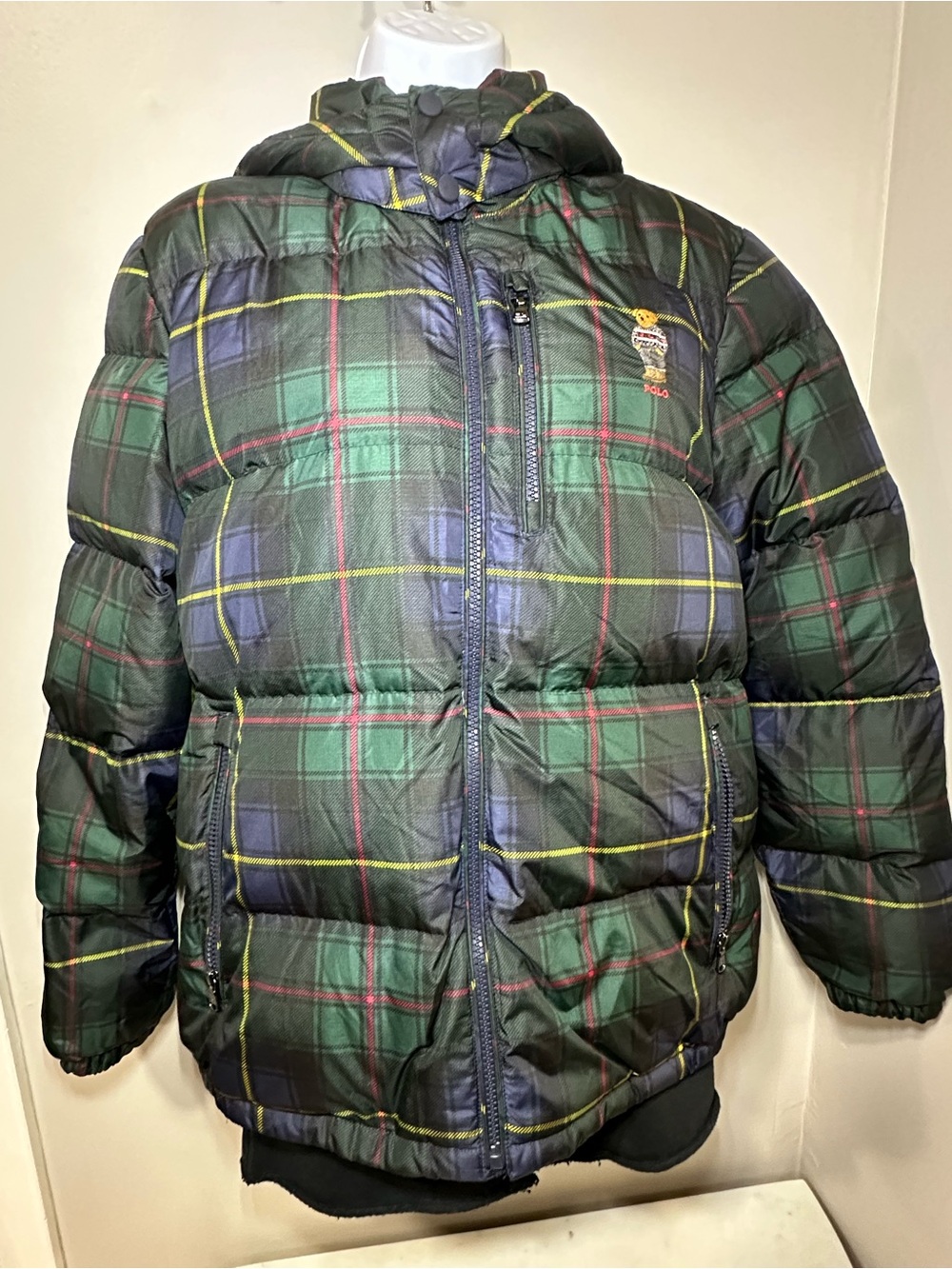 Polo by Ralph Lauren Green & Black Plaid Puffer Jacket with Hood